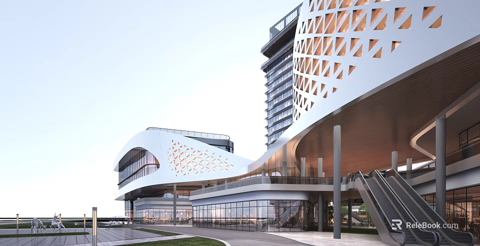 Modern Architectural Exterior Design With Geometric Perforated Facade Glass Curtain Walls And Staircase 3d model 