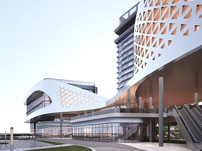 Modern Architectural Exterior Design With Geometric Perforated Facade Glass Curtain Walls And Staircase 3d model