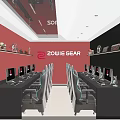 Esports Hotel Interior With Red And Black Walls Computers Chairs ZOWIE GEAR Logo And Decorations