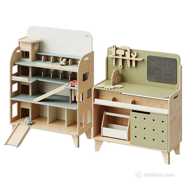 Kids Playroom Wooden Play Furniture With Slide Toy Car Chalkboard Tool Rack And Storage Drawers 3d model 