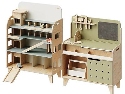 Kids Playroom Wooden Play Furniture With Slide Toy Car Chalkboard Tool Rack And Storage Drawers 3d model
