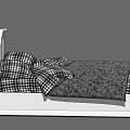 White Wooden Double Bed With Curved Headboard Plaid Pillows And Dark Blanket