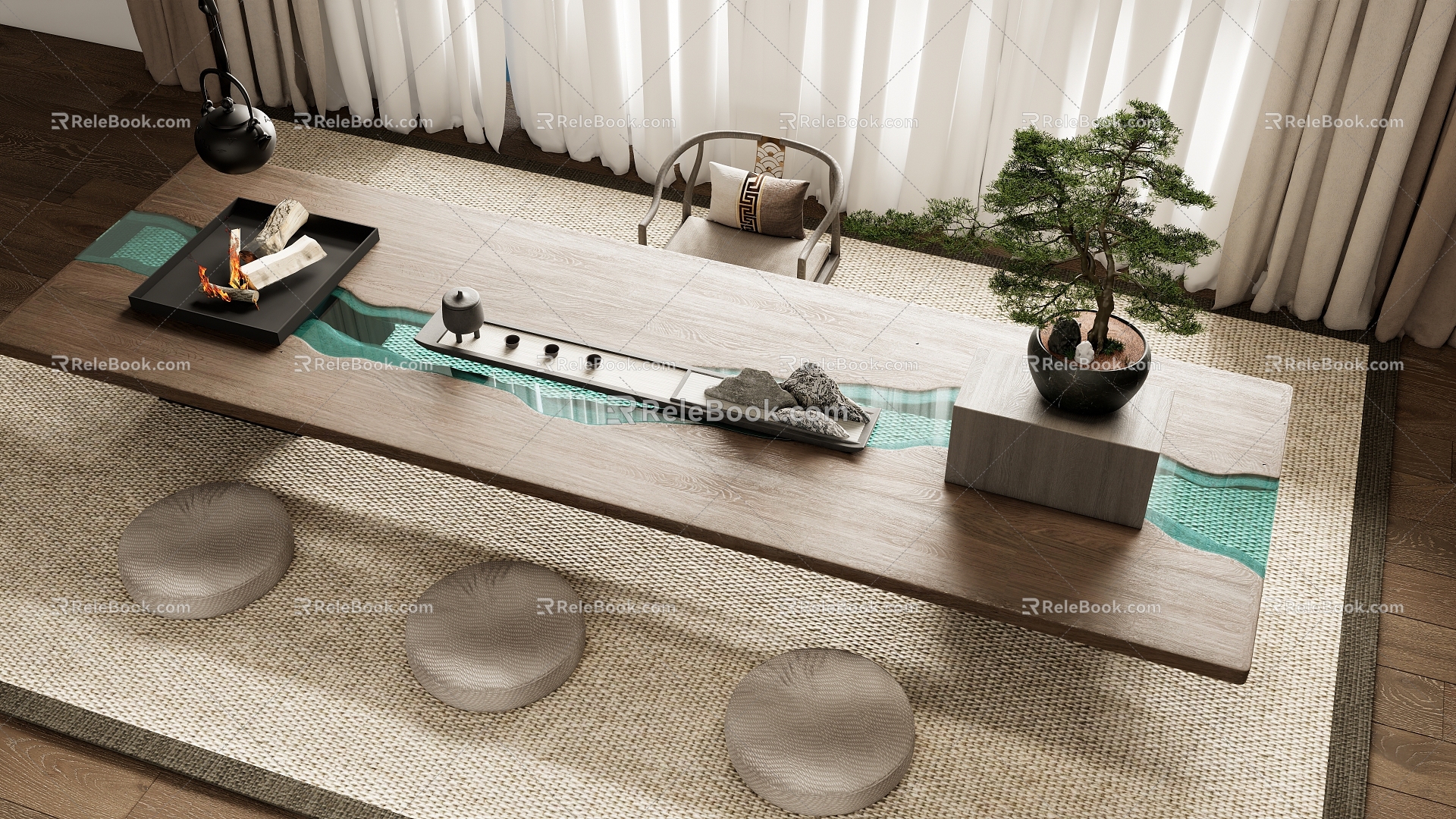 Japanese-style Tatami Tea Table Chair Combination 3d model