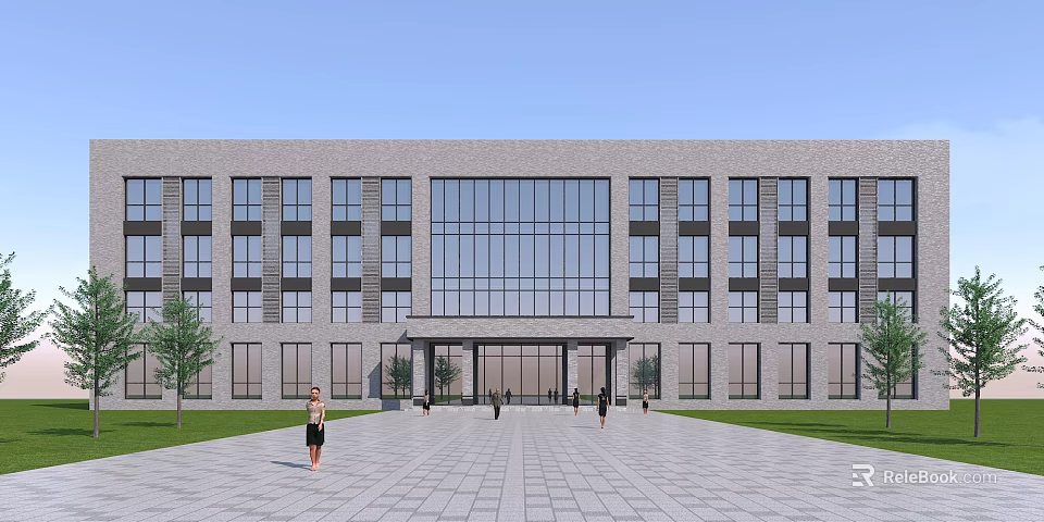 Modern Office Building Exterior With Large Glass Windows Central Entrance Paved Square And Green Lawn 3d model 