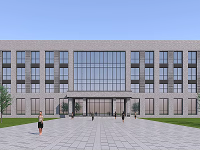 Modern Office Building Exterior With Large Glass Windows Central Entrance Paved Square And Green Lawn 3d model