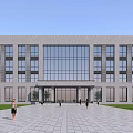 Modern Office Building Exterior With Large Glass Windows Central Entrance Paved Square And Green Lawn