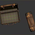Orange Suitcases With Open Green Plaid Interior And Closed Brown Handles Black Corners