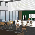 Contemporary Café Featuring Large Windows Coffee Sign Green Tiled Wall Bar Counter Tables And Chairs