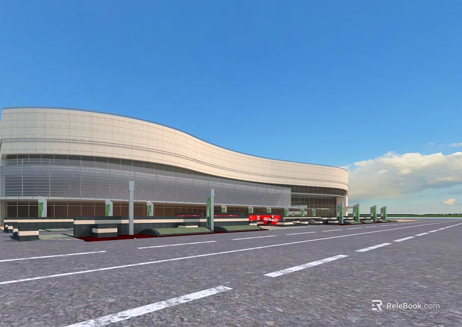 Modern Commercial Complex With Streamlined Glass Facade And Front Parking Area 3d model 
