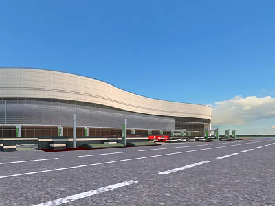 Modern Commercial Complex With Streamlined Glass Facade And Front Parking Area 3d model