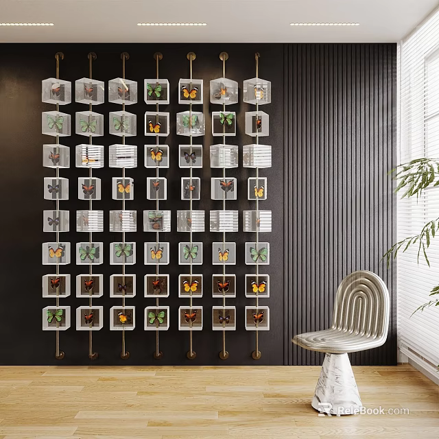 Decorative Plant Specimens Wall Display In Modern Interior With White Chair 3d model 