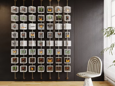 Decorative Plant Specimens Wall Display In Modern Interior With White Chair 3d model