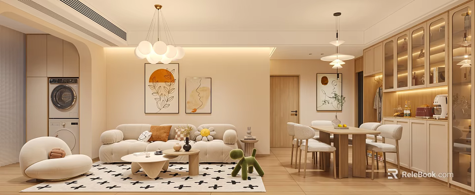 Cozy Dining Living Room Interior With Beige Sofa Throw Pillows Coffee Table Decorative Art 3d model 