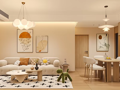 Cozy Dining Living Room Interior With Beige Sofa Throw Pillows Coffee Table Decorative Art 3d model