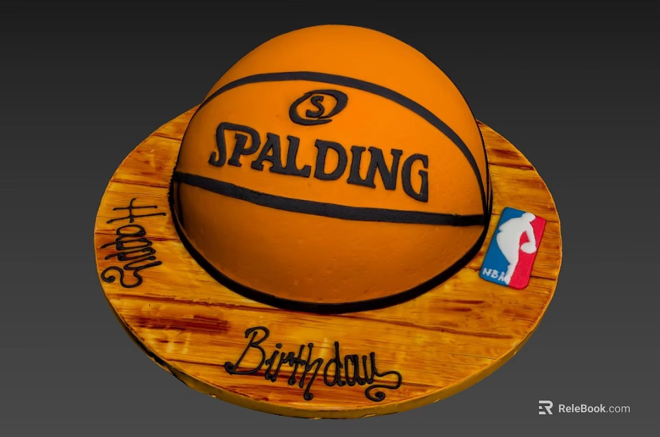 Basketball Shaped Birthday Cake With Orange Frosting SPALDING Logo NBA Badge On Wooden Base 3d model 