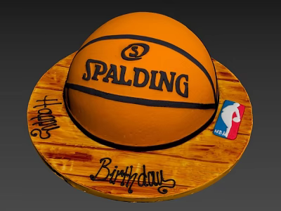 Basketball Shaped Birthday Cake With Orange Frosting SPALDING Logo NBA Badge On Wooden Base 3d model