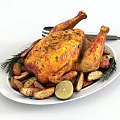 Delicious Roast Chicken on White Plate With Roasted Potatoes Rosemary Lemon Slice Fork and Knife
