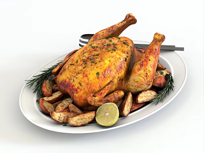 Delicious Roast Chicken on White Plate With Roasted Potatoes Rosemary Lemon Slice Fork and Knife 3d model