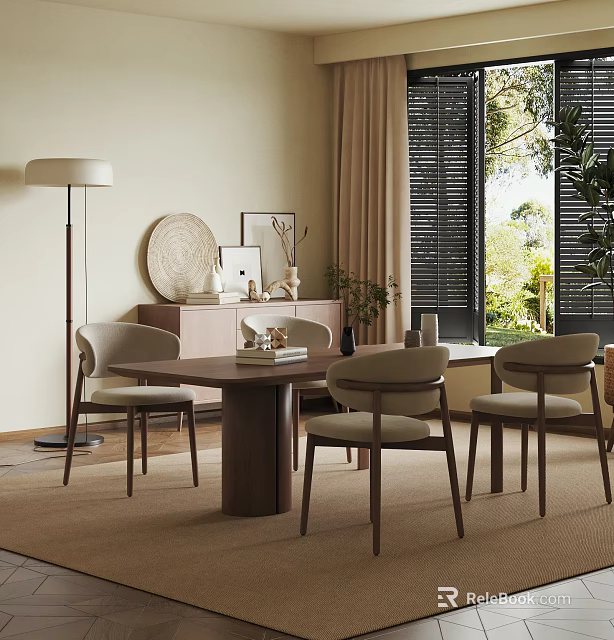 Dining Room Interior Design With Wooden Table Beige Chairs Floor Lamp And Plants 3d model 