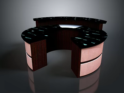 Curved Modern Reception Desk With Black Countertop Wooden Base And Pink Panels 3d model
