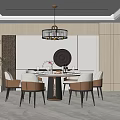 Modern Restaurant Interior With Round Dining Table Pendant Light And Wooden Wall Decor 3d model