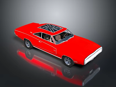 Red Classic Muscle Car With Sleek Body And Black Grille Roof Design 3d model