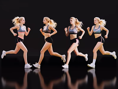 Group of Women Running in Activewear on Black Background with Reflections 3d model