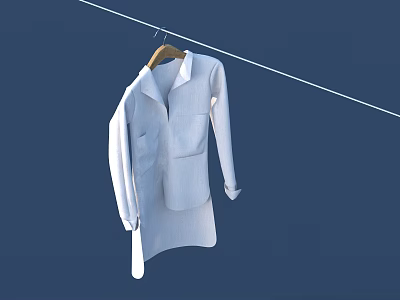 Light Blue Blazer Hanging On Wooden Hanger Against Dark Blue Background 3d model