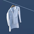 Light Blue Blazer Hanging On Wooden Hanger Against Dark Blue Background