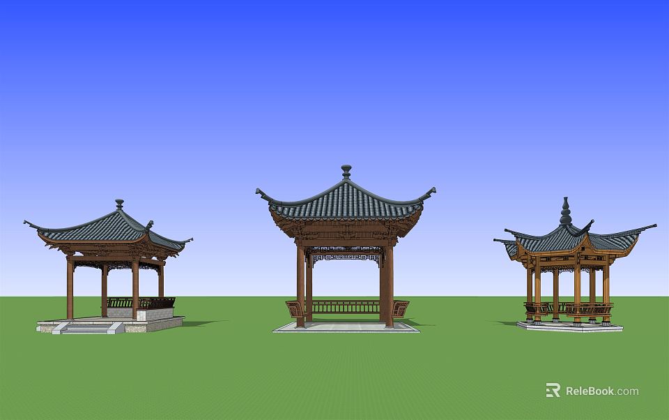 Traditional Wooden Garden Pavilions With Tiled Roofs Against Blue Sky Green Grass Background 3d model 