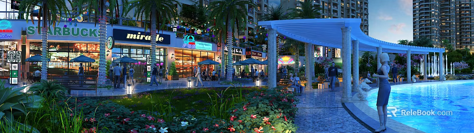 Vibrant Commercial Street Scene With Lit Shops Pedestrians Green Plants And Outdoor Seating 3d model 
