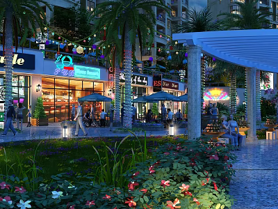 Vibrant Commercial Street Scene With Lit Shops Pedestrians Green Plants And Outdoor Seating 3d model
