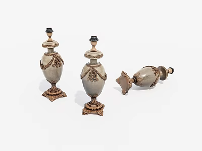 Decorative Ornament Set Of Three Beige Gold Carved Lidded Bottles With Overturned Piece 3d model