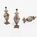 Decorative Ornament Set Of Three Beige Gold Carved Lidded Bottles With Overturned Piece
