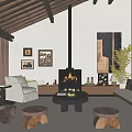 Modern Living Room Interior Design With Wooden Ceiling Fireplace Sofa Coffee Table And Green Plant