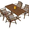 Natural Wooden Rectangular Table And Rattan Armrest Chairs With Light Cushions Set 3d model