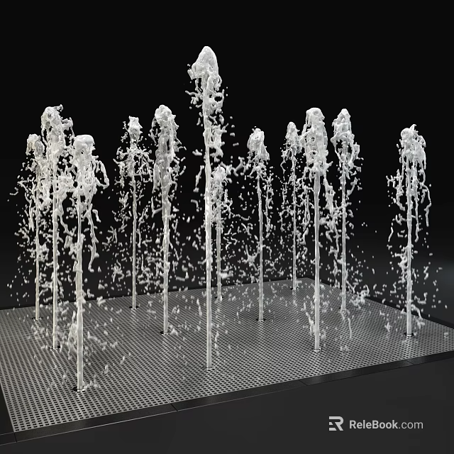 White Garden Ornament With Spraying Water Columns And Scattered Drops On Grid Base 3d model 
