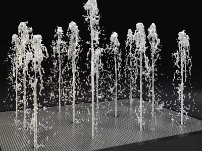 White Garden Ornament With Spraying Water Columns And Scattered Drops On Grid Base 3d model
