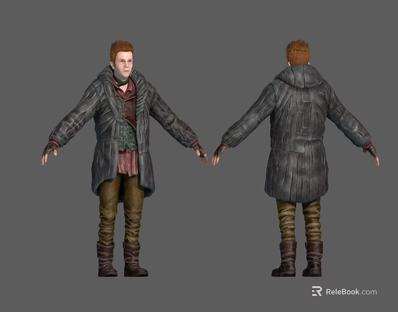 Front And Back View Of Red Haired Character In Detailed Coat Pants And Boots Design 3d model 