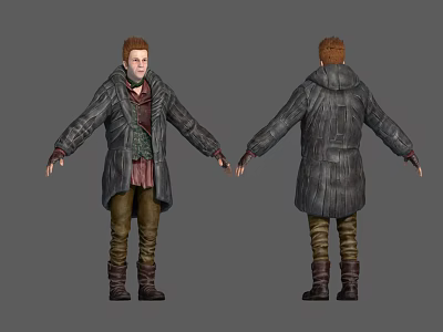 Front And Back View Of Red Haired Character In Detailed Coat Pants And Boots Design 3d model