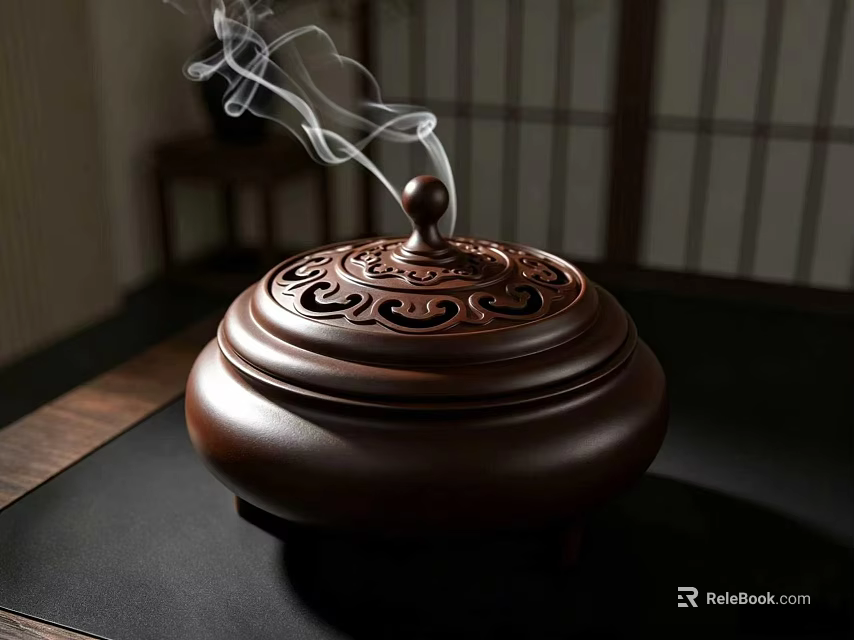 Traditional Ceramic Incense Burner with Intricate Carved Patterns and Rising Smoke on Dark Table 3d model 