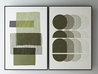 Two Abstract Wall Art Prints With Green Tones Geometric Shapes And Striped Patterns 3d model