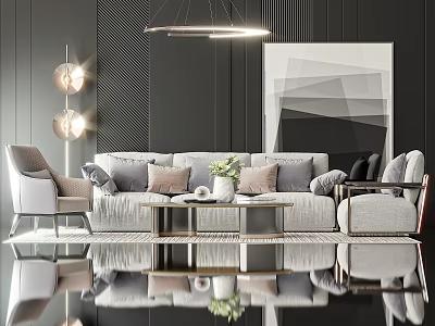Modern Gray Sofa Coffee Table Set With Throw Pillows Armchairs Geometric Artwork And Lighting 3d model