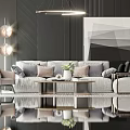 Modern Gray Sofa Coffee Table Set With Throw Pillows Armchairs Geometric Artwork And Lighting 3d model