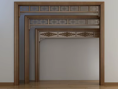 Three Traditional Wooden Door Arches Interior With Intricate Carved Patterns 3d model