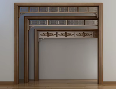 Three Traditional Wooden Door Arches Interior With Intricate Carved Patterns 3d model