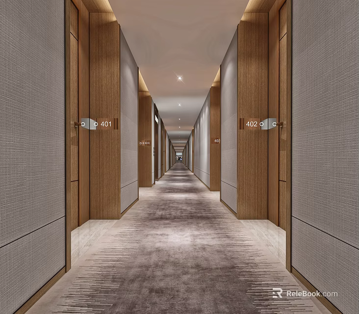 Modern Elevator Hallway Design With Wooden Panels Carpet And Room Number Signs 3d model 