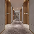 Modern Elevator Hallway Design With Wooden Panels Carpet And Room Number Signs