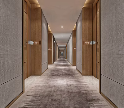 Modern Elevator Hallway Design With Wooden Panels Carpet And Room Number Signs 3d model