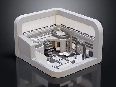 Cartoon Style Futuristic Interior Scene With Staircase Platform Control Panel And Grid Floor 3d model